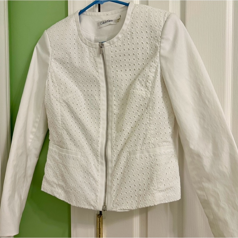 Calvin Klein Womens White Eyelet Lace Front Zip Up Jacket Blazer Size 2 S53JX059